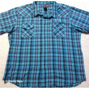 High Noon Men's 3XL Short Sleeve Pearl Snap Plaid Shirt Teal Turquoise 65%Poly